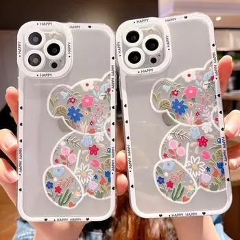 Мягкий чехол для телефона с рисунком медведя и цветами для Iphone 13 14 Pro Max 12 11 X Xs Xr 7 8 Plus Se 2020, мини-прозрачный чехол For iPhone SE 2020