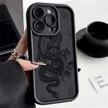 Мягкий чехол из ТПУ с рисунком мультяшного дракона для iPhone 16 Pro Max 15 Plus 14 13 Pro 12 11 XS XR 8 7, силиконовая защита линз, ударопрочный тонкий чехол для телефона iPhone 16 чёрный
