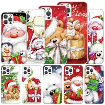 Мягкий чехол с милым медведем в подарок на Рождество для iPhone 11 12 13 Mini 14 Pro Max Apple Phone Cover X XS XR SE 7 Plus 8 + 6 6S 5S Fun iPhone 11