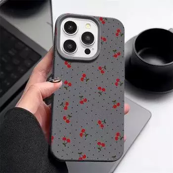 Мягкий матовый чехол с принтом маленькой вишни для iPhone 16 Pro Max 15 Pro 14 13 12 11, ударопрочный, с текстурой кожи TPU, тонкий чехол для телефона iPhone 16 серый