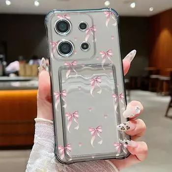 Мягкий силиконовый чехол с бантом и слотом для карт для телефона Xiaomi 14T 13T Pro Poco F6 Pro X6 C65 Redmi Note 13 12 Pro 11, противоударный прозрачный чехол-бампер Xiaomi 14T серый