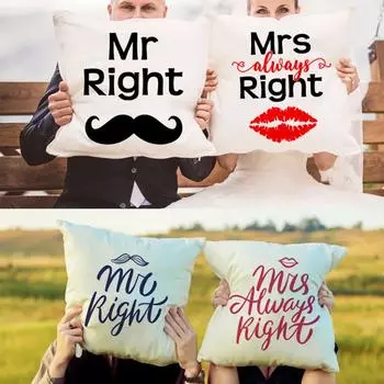 Mr Right Mrs Always Right Couple Pillow Cover Wedding Gift Cushion Anniversary Gift for Couple Valentines Cushion Home Decor 450mm*450mm