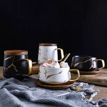 Мраморная матовая золотая кофейная чашка, японские черно-белые золотые керамические чашки, кружки с деревянными чашками и блюдцами 201-300ml