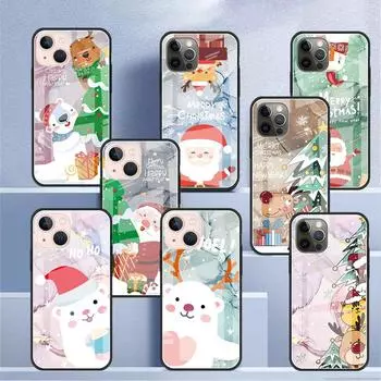 Мраморный милый стеклянный чехол со снеговиком Санта-Клауса для Apple iPhone 14 13 11 12 Pro 7 XR X XS Max 8 6 6s Plus SE 2022 закаленный телефон Tampa iPhone 7Plus(8 Plus)