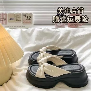 Muffin platform slippers women s summer wear new with skirt cool slippers retro embroidered pearl beach sandals 35 бежевый
