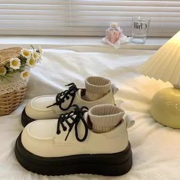 Muffin platform small leather shoes women s spring and autumn new white round head lace-up versatile single shoes 35