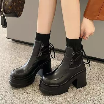 Muffin thick-soled British-style knitted straps Martin boots women s thick heels, high heels, thin, small height-increasing thin short boots 35 чёрный