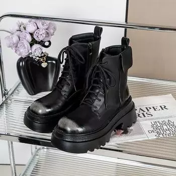 Muffin thick-soled round head handsome locomotive Martin boots women s autumn and winter new polished lace-up round head 34