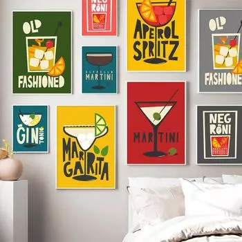 Мультфильм фруктовый сок Aperol Spritz постеры и принт Сангрия Напиток Негрони Холст Картина Клуб Бар Магазин Картина Домашний декор комнаты 21x30cm No Framed