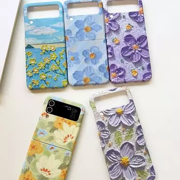 Мультфильм Relif Blue Flower Ins Cute Art Shell для Samsung Galaxy Z Flip3 Flip 3 4 Flip4 Protector Shockproof Phone Case Fundas For Samsung Z Flip 4