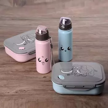Мультфильм слон Bento Box набор бутылок для воды портативный милый микроволновая печь разделенный ланч-бокс посуда для возвращения в школу работа на открытом воздухе 4&1200ml&1