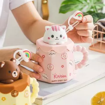 Мультяшная керамическая кружка с крышкой и ложкой, креативная милая чашка для кофе, молока, чая, завтрака, посуда для напитков, новинки, подарки, кружки объемом 400 мл 400ml