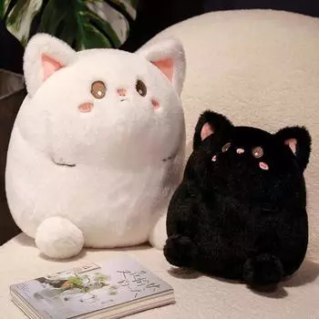 Мультяшная круглая плюшевая игрушка в виде кошки, мягкая набивная подушка, милая кукла-животное, черно-белая подушка для сна в виде кошки, рождественский подарок на день рождения для ребенка 25cm