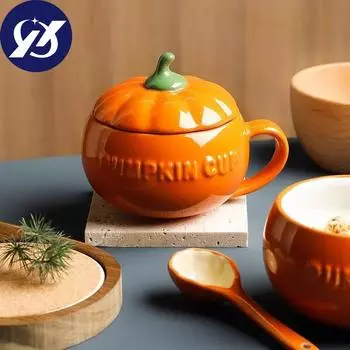 Мультяшная милая керамическая чашка в виде тыквы с крышкой, чашка для завтрака, десертная чашка для супа, чашка для овсянки, студенческая чашка для воды, кружка small оранжевый