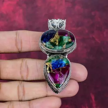 Multi Copper Turquoise Handmade Gemstone Pendant, 925 Solid Sterling Silver Pendant Beautiful Jewelry, Designer Pendant 2.75