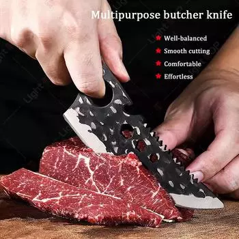 Multi-Purpose Kitchen Knife for Meat BBQ Cooking Knife Fish Scales Boning Knife Stainless Steel Butcher Knife Wooden Handle
