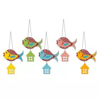 Multicolored Fishes Wooden Wall Hanging for Home Decoration | Garden Balcony | Office | Cafe | Decorative Door Hanging (Pack of 5)