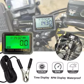 Multifunction Motorcycle Tachometer Green Backlight RPM Clock Digital Display Tach Hour Meter Auto Sleep Replaceable Battery