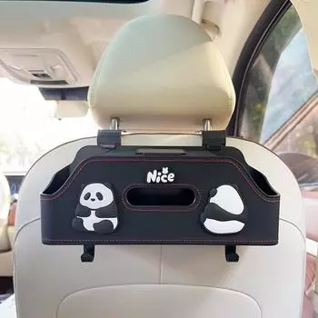 Multifunctional Car Seat Back Storage Box Cartoon Panda Capybara Tissue Box Universal Black-Panda