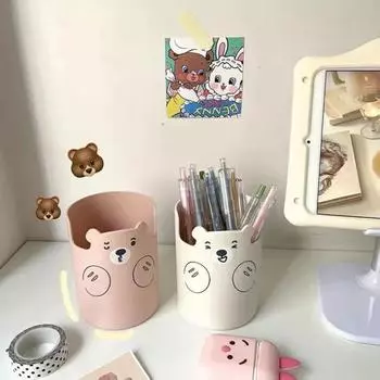 Multifunctional Pen Holder Kawaii Cartoon Bear Makeup Brush Holder Lovely Fashion Phone Holder Stationery Pen Organizer розовый
