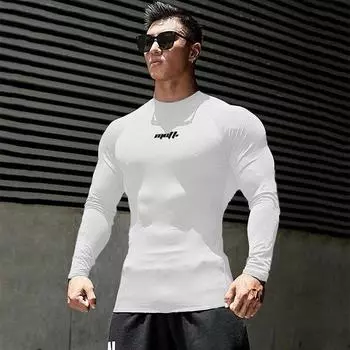 Muscleguys мужские спортивные колготки для тренировок с длинными рукавами, дышащая быстросохнущая футболка для фитнеса с высоким воротом M белый