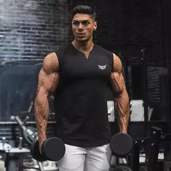 Muscleguys Summer Trend Slim Solid Sports Без рукавов Футболка Мужская корейская версия социальной молодежи Дышащий верхний фитнес-жилет M чёрный