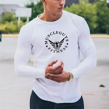 Muscleguys, весенне-осенняя футболка для бега для фитнеса, мужские свободные тренировочные топы с длинными рукавами, тонкий пуловер с круглым вырезом M чёрный
