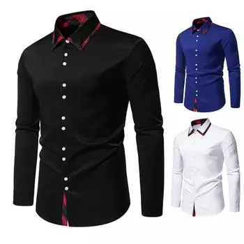 Muti Buttons Autumn Patckwork Turn Down Collar Chemise de Homme Белые рубашки для мужчин Повседневные уютные топы S синий