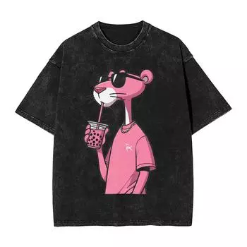 Мужская футболка Pink-Panthers Drinking Washed T Shirts Hippie Beach Tee Shirt Y2K Funny Design Casual Clothing S