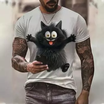 Мужская футболка с 3d принтом кота, повседневные футболки с короткими рукавами, летняя модная уличная одежда, пуловер с круглым вырезом, мужской топ большого размера 3XL