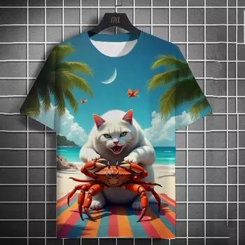 Мужская футболка с 3D-принтом «Пляж, ловля рыбы, котенок», футболка с коротким рукавом, повседневная футболка с круглым вырезом, полиэстер 5XL
