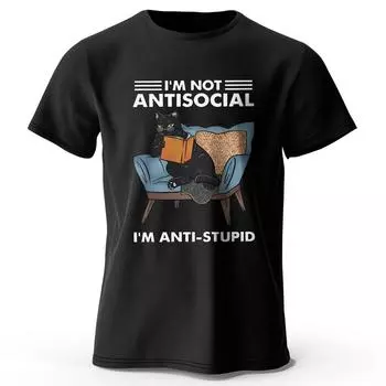 Мужская футболка с принтом «I Am Not Anti Social» 100% хлопок, свободные футболки с забавным принтом кота для мужчин и женщин, летние топы S красный