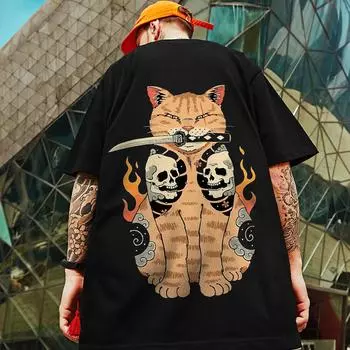 Мужская футболка с животными, 3d череп, воин, кот, принт, мужская одежда, летняя повседневная свободная футболка с короткими рукавами и короткими рукавами, футболка в стиле Харадзюку S