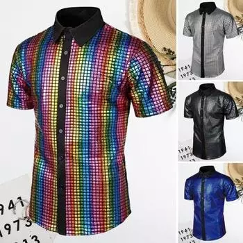 Мужская клубная рубашка, мужской диско-костюм 70-х годов, Vinatge с отложным воротником, светоотражающая рубашка с блестящими пайетками, рубашка на пуговицах с короткими рукавами M