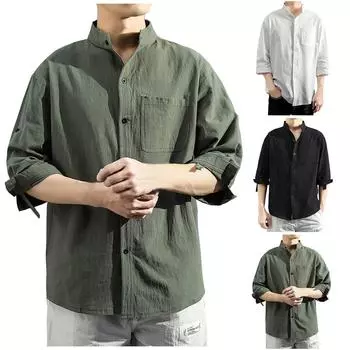 Мужская летняя хлопково-льняная рубашка с рукавами 3/4 в японском стиле, повседневная свободная хлопково-льняная рубашка с воротником-стойкой