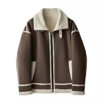 Мужская модная куртка Cross Border из кожи и меха с цветными блоками, утолщенная и плюшевая, повседневная куртка с лацканами JK1954 3XL серый