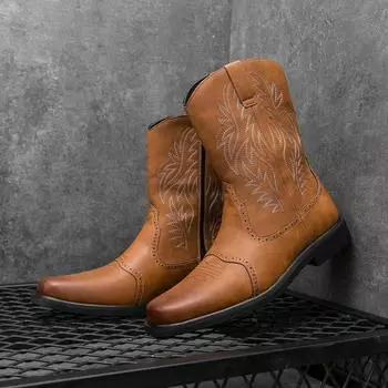 Мужская обувь Slip on High Top в винтажном стиле, мужские ботинки до середины голени в ковбойском стиле, нескользящие дорожные ковбойские сапоги, универсальная обувь для ходьбы 38 чёрный