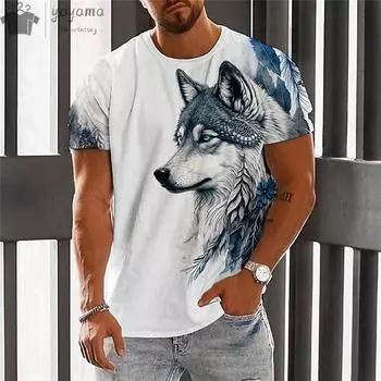 Мужская одежда Футболка с волком и волком 3d футболка с короткими рукавами Свободная повседневная уличная модная футболка большого размера с круглым вырезом Топы S