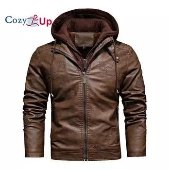 Мужская повседневная мотоциклетная куртка-бомбер из искусственной кожи Cosy Up со съемным капюшоном, воротником-стойкой и застежкой-молнией S серый