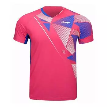 Мужская рубашка для бадминтона Li Ning Badminton Series с принтом и V-образным вырезом, удобная, дышащая, с коротким рукавом, ярко-розовая AAYU139-3 S
