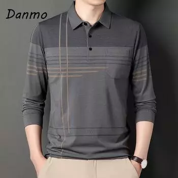 Мужская рубашка-поло Danmo, рубашка-поло с длинными рукавами, модная тонкая рубашка с лацканами на весну и осень, повседневные свободные топы, уличная одежда в полоску XXXXL чёрный