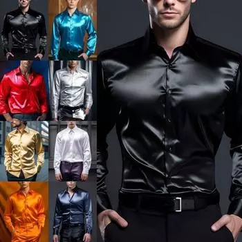 Мужская рубашка размера плюс S-XXL, шелковая атласная гладкая мужская однотонная деловая рубашка-смокинг, мужская повседневная приталенная блестящая золотая свадебная классическая рубашка S белый