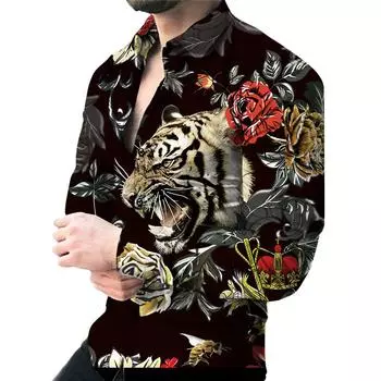 Мужская рубашка с длинным рукавом с 3D-принтом Flower Tiger S серый