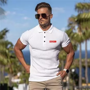 Мужская спортивная одежда Muscleguys, летняя удобная трикотажная рубашка с короткими рукавами и принтом для тренировок, модная повседневная рубашка-поло из полиэстера M чёрный