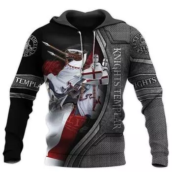 Мужская толстовка с капюшоном Knights Templar с 3D-принтом, свободная толстовка 2024 года, новая модная свободная куртка, пуловер, повседневные уличные топы с капюшоном S