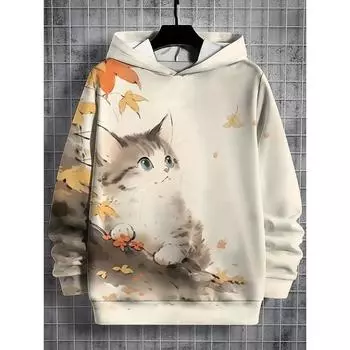 Мужская толстовка с капюшоном с милым принтом кота Толстовки с капюшоном Harajuku Футболка с капюшоном Y2k Пуловер Повседневная одежда Уличная одежда Топ Мужская одежда S