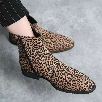 Мужские ботинки с леопардовым принтом, удобные ботильоны на молнии в стиле панк, мужские ботильоны для смокинга, обувь для вечеринок, большой размер EU:46