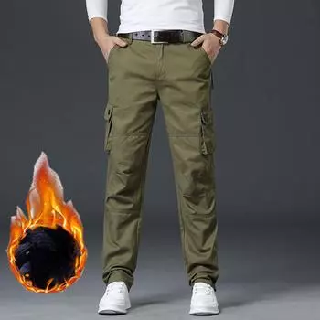Мужские брюки плюс плотный бархатный комбинезон Tough Guy Outdoor осенне-зимние мужские повседневные брюки с несколькими карманами 40 чёрный