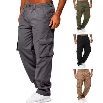 Мужские брюки с эластичной резинкой на талии, свободные однотонные брюки с несколькими карманами, свободные однотонные брюки больших размеров, дышащие, прямые, мягкие, повседневные, длинные брюки-карго M темно-серого