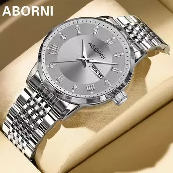 Мужские часы ABORNI, водонепроницаемые, светящиеся, с двойным календарем, кварцевые наручные часы с однотонным ремешком